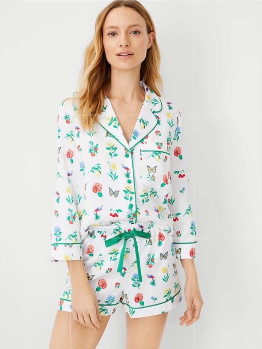 Ann Taylor Sleep Floral Print Short Pajama Set - White/Green